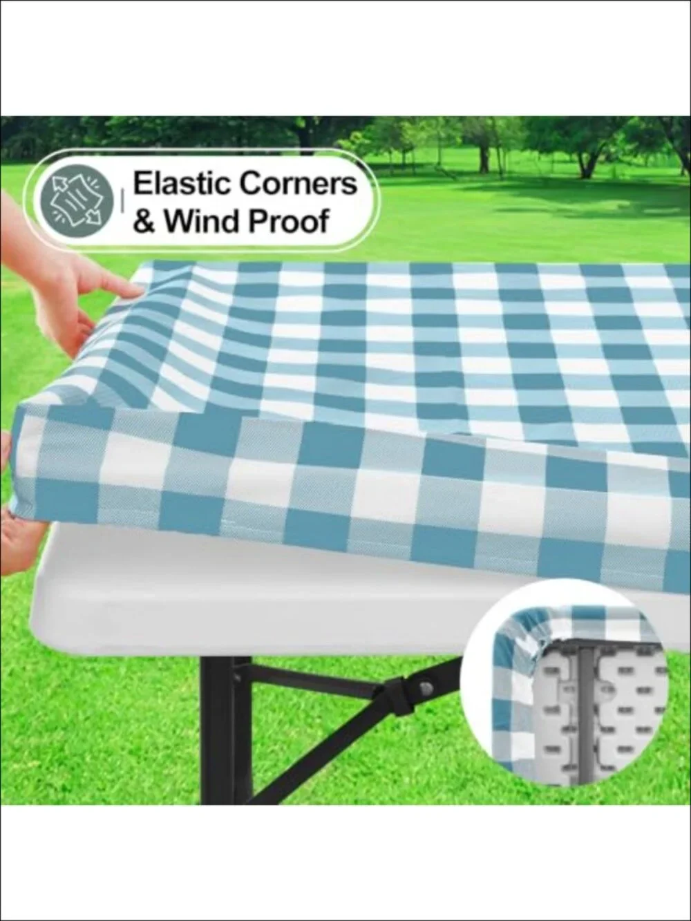 Buffalo Plaid Picnic Tablecloth 8 Foot Elastic Fitted Vinyl Flannel Backed